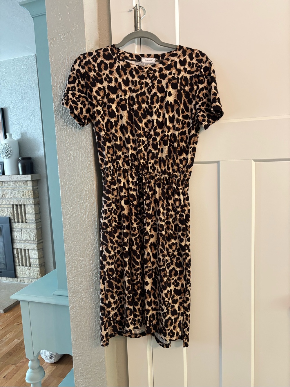 Leopard Print Short Sleeve Waist-Defined Dress - Brown/Black